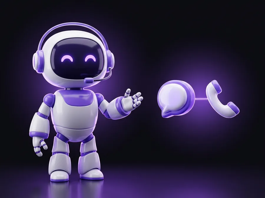 Robot de IA con auriculares atendiendo por chat y por teléfono