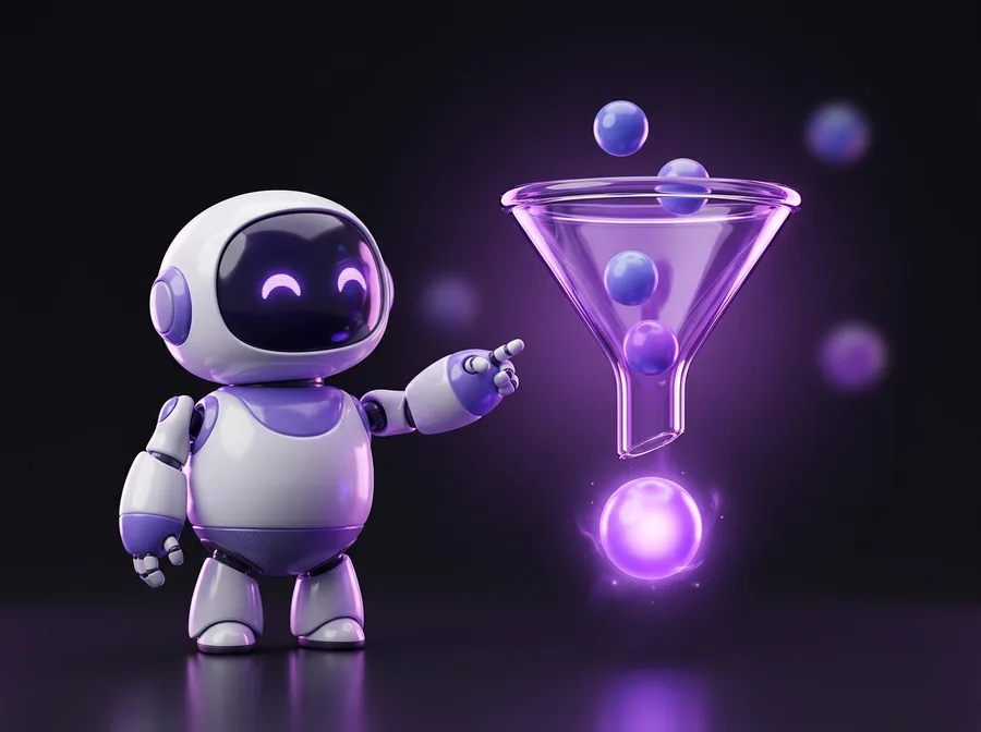 Robot de IA junto a un embudo de conversión