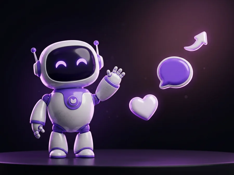 Robot de IA rodeado de interacciones de redes sociales